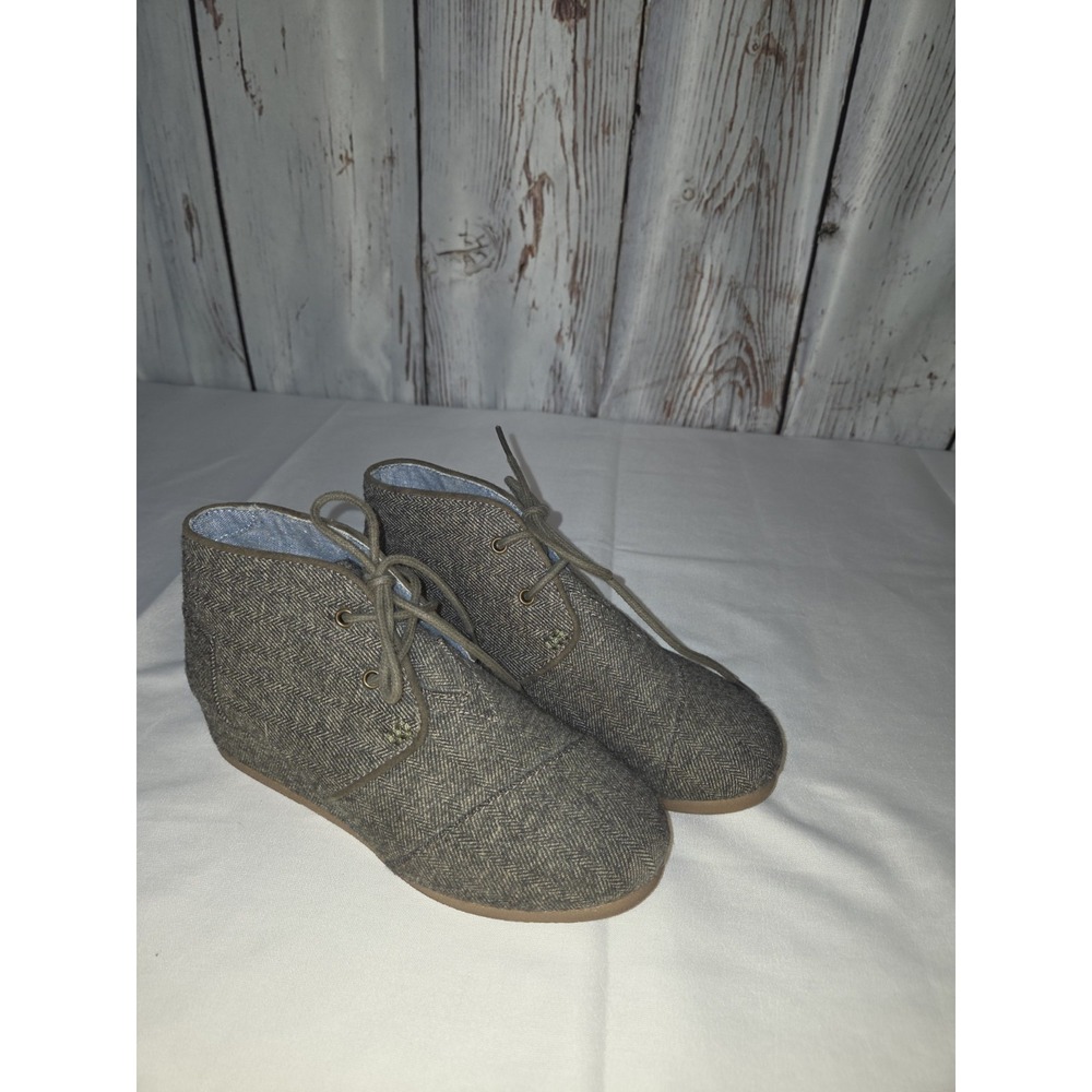 Youth Toms Lace Up Wedge Ankle Booties Gray/Green Sz 3Y Excellent Used Condition